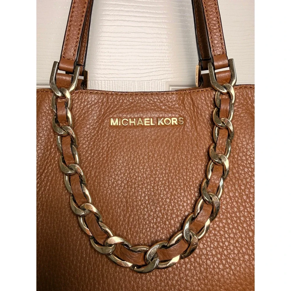 Michael Kors Acorn Pebbled Leather Chain Tote Bag Gold Hardware Tan Large